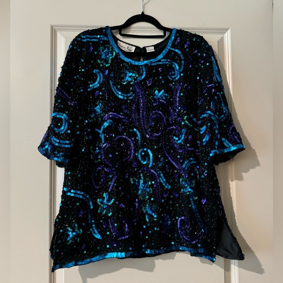 Vintage Laurence Kazar 100% Silk Beaded Sequin Blouse Plus 3X Blue Purple EUC - Picture 1 of 5